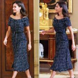 Zara Navy Blue & White & metallix tweed off the shoulder dress size M